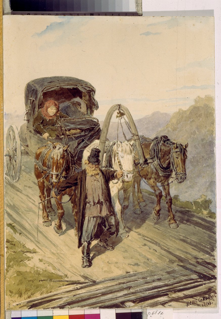 Troika (venäläinen vaunu, jota vetää kolme hevosta). Pjotr ​​(Piotr) Petrovitš Sokolovin (1821-1899) teos, akvarelli paperille tekijältä Pyotr Petrovich Sokolov