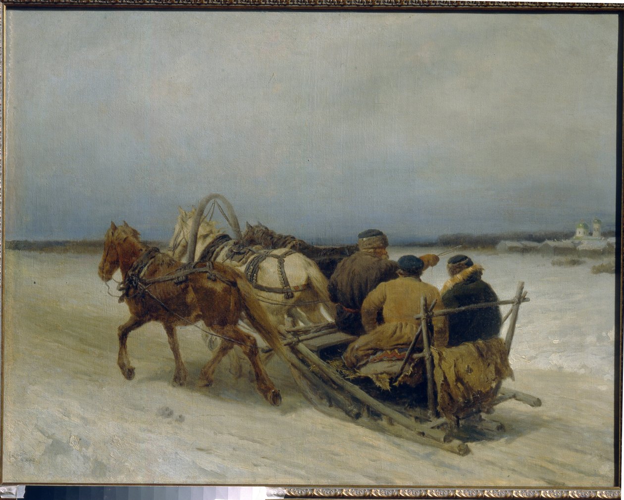Troikka talvella. (Perinteinen venäläinen vetokoukku, kolmen hevosen vetämä). Pjotr ​​(Piotr) Petrovitš Sokolovin (1821-1899) maalaus, öljy kankaalle tekijältä Pyotr Petrovich Sokolov