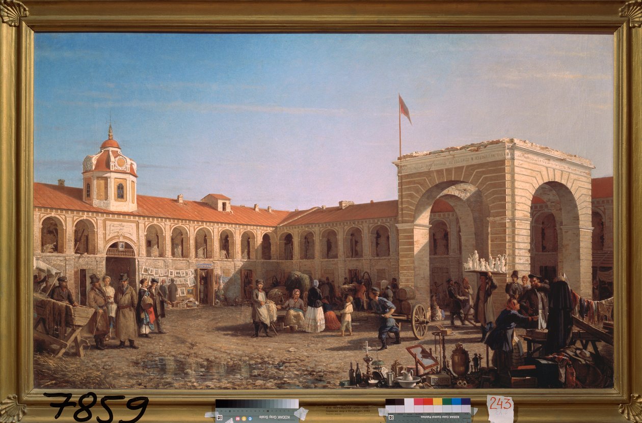 Pietarin Apraksin-markkinat (Pietarin Apraksin-markkinat) - Pjotr ​​Petrovitš Vereshchagin (Pjotr ​​Vereshchagin) (1836-1886) maalaus, öljy kankaalle tekijältä Pjotr ​​​​Petrowitsch Wereschtschagin