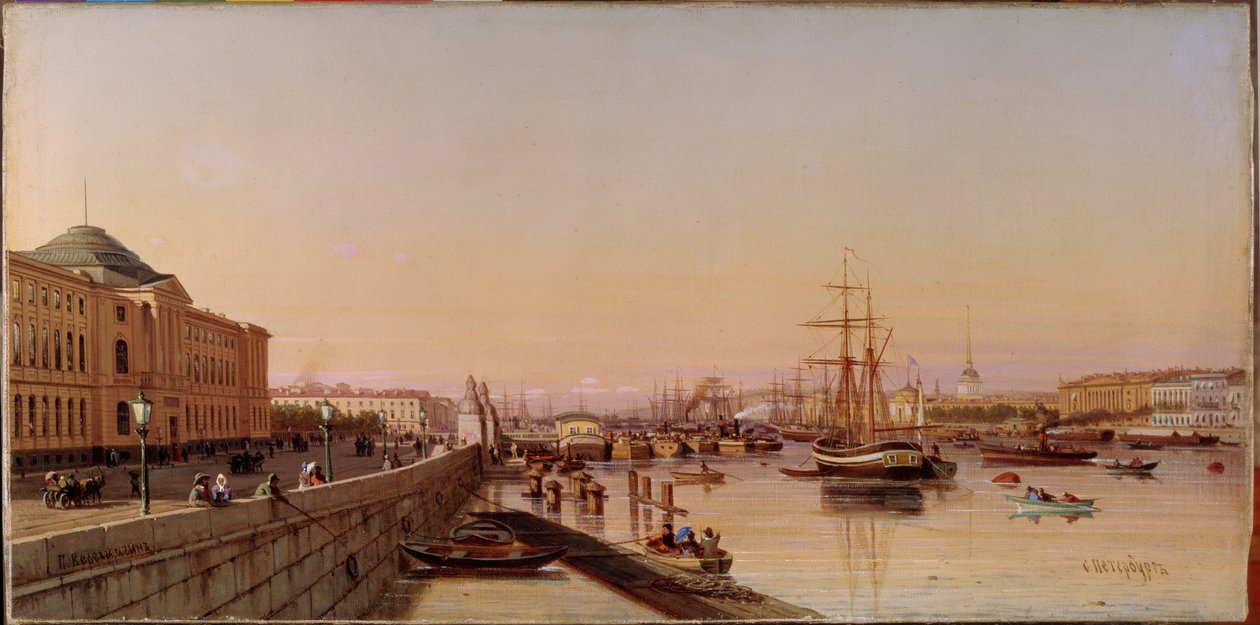 Kesäilta Nevan rannalla, lähellä Pietarin taideakatemiaa. Pjotr ​​Petrovitsh Vereschagin (Vereshchagin, Vereshchagin) (1836-1886) maalaus, öljy kankaalle, noin 1870. Venäläinen taide tekijältä Pjotr ​​​​Petrowitsch Wereschtschagin