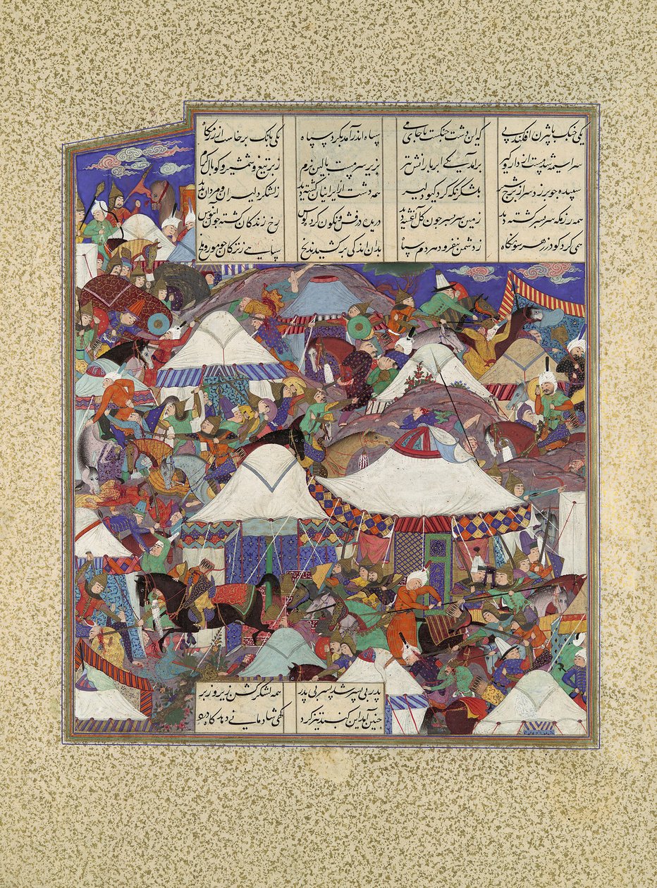 The Besotted Iranin Camp hyökkäsi yöllä, Folio 241r Shahnamasta..., n. 1525-30. tekijältä Qadimi