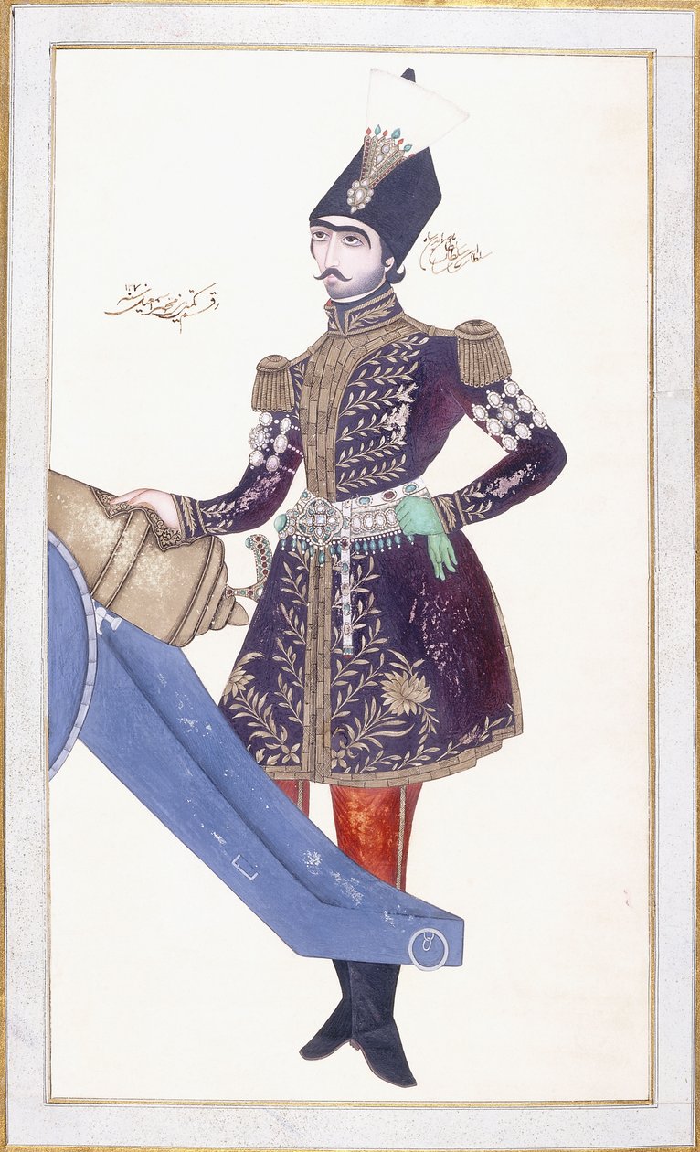Nasir al-Din Shahin muotokuva, käsi lepää tykin päällä, n. 1853-4 tekijältä Qajar School