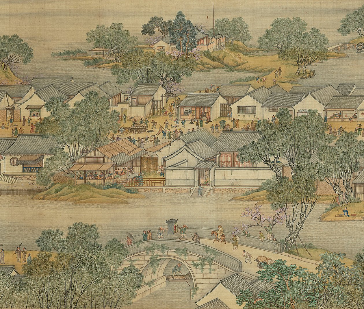 Joen varrella Qingming-festivaalin aikana, Qing Court -versio, käsirulla, 1736 tekijältä Qing Dynasty Chinese School