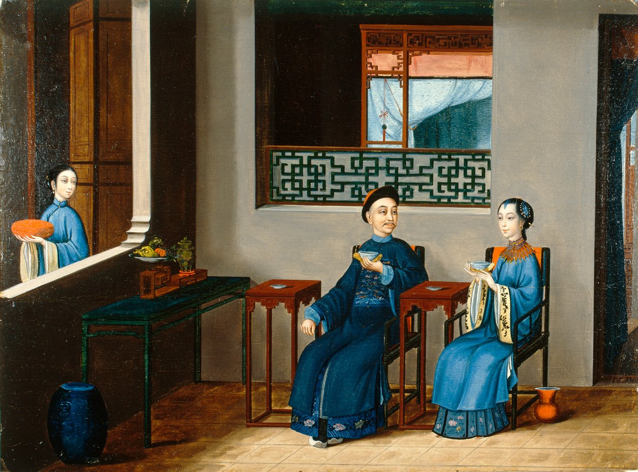 Pariskunta juomassa teetä, noin 1800 (öljy kankaalle) tekijältä Qing Dynasty Chinese School