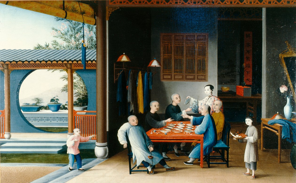 Ruokailukohtaus, noin 1800 (öljy kankaalle) tekijältä Qing Dynasty Chinese School