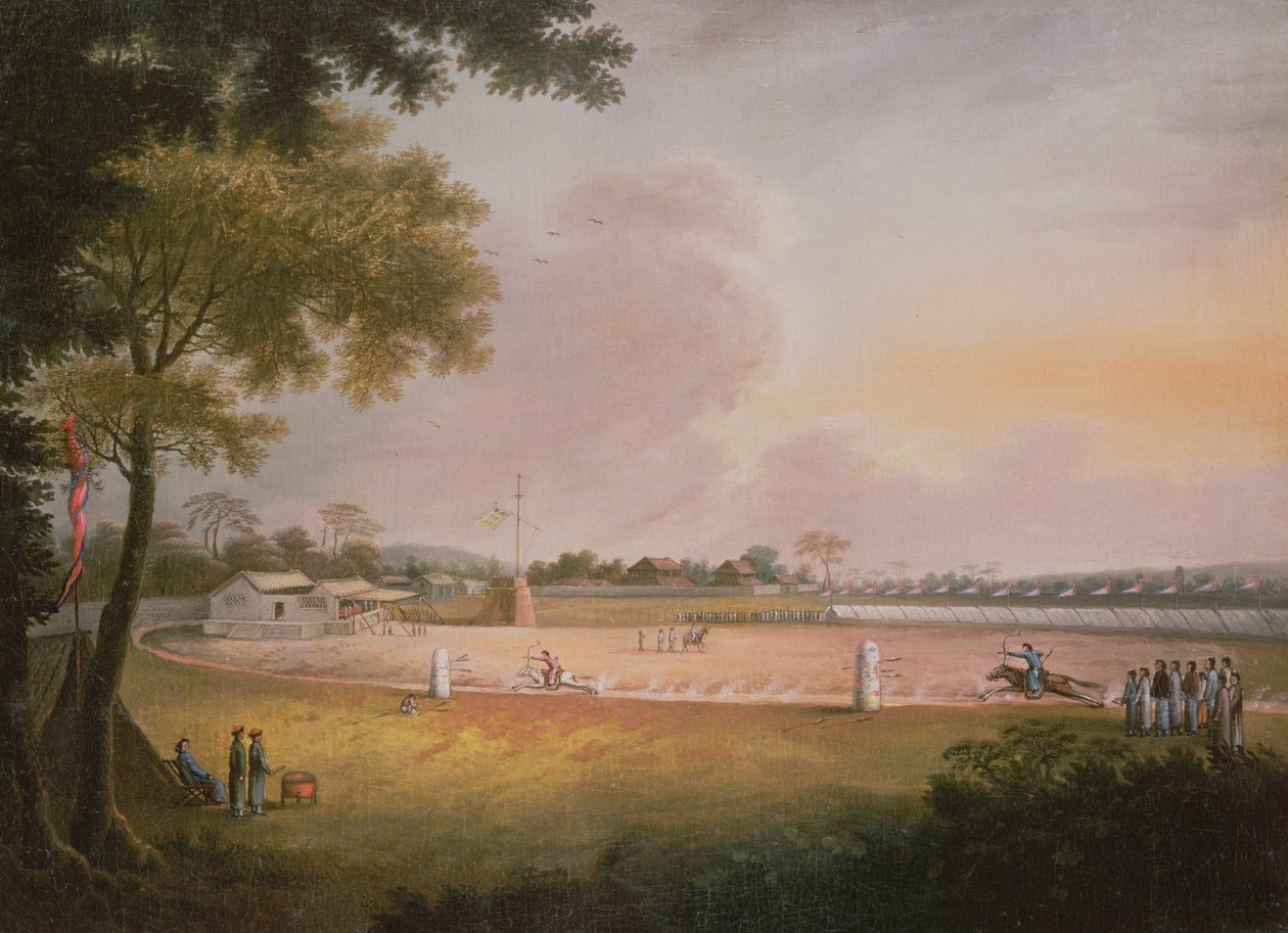 Ratsastusjousiammuntaturnaus sotilasleirillä, n. 1850 tekijältä Qing Dynasty Chinese School