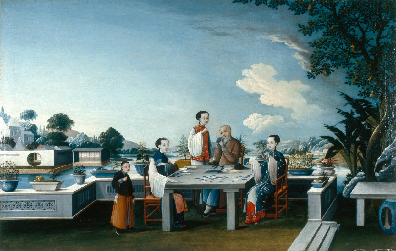 Kortinpelaajia avoimella terassilla, noin 1800 (öljy kankaalle). tekijältä Qing Dynasty Chinese School