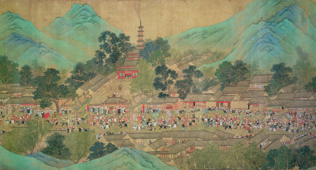 Keisari Kang Shin kiertue Kiang-Hanissa vuonna 1699 Chaio Ping Chenin (1661-1722) jälkeen (muste ja väri silkkitaustaiselle paperille) tekijältä Qing Dynasty Chinese School