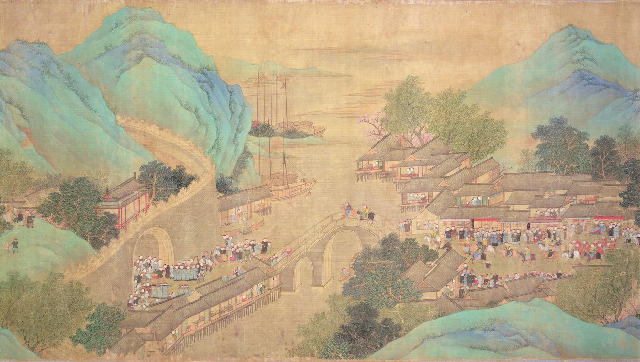 Keisari Kang Shin kiertue Kiang-Hanissa vuonna 1699 Chaio Ping Chenin (1661-1722) jälkeen (muste ja väri silkkitaustaiselle paperille) tekijältä Qing Dynasty Chinese School
