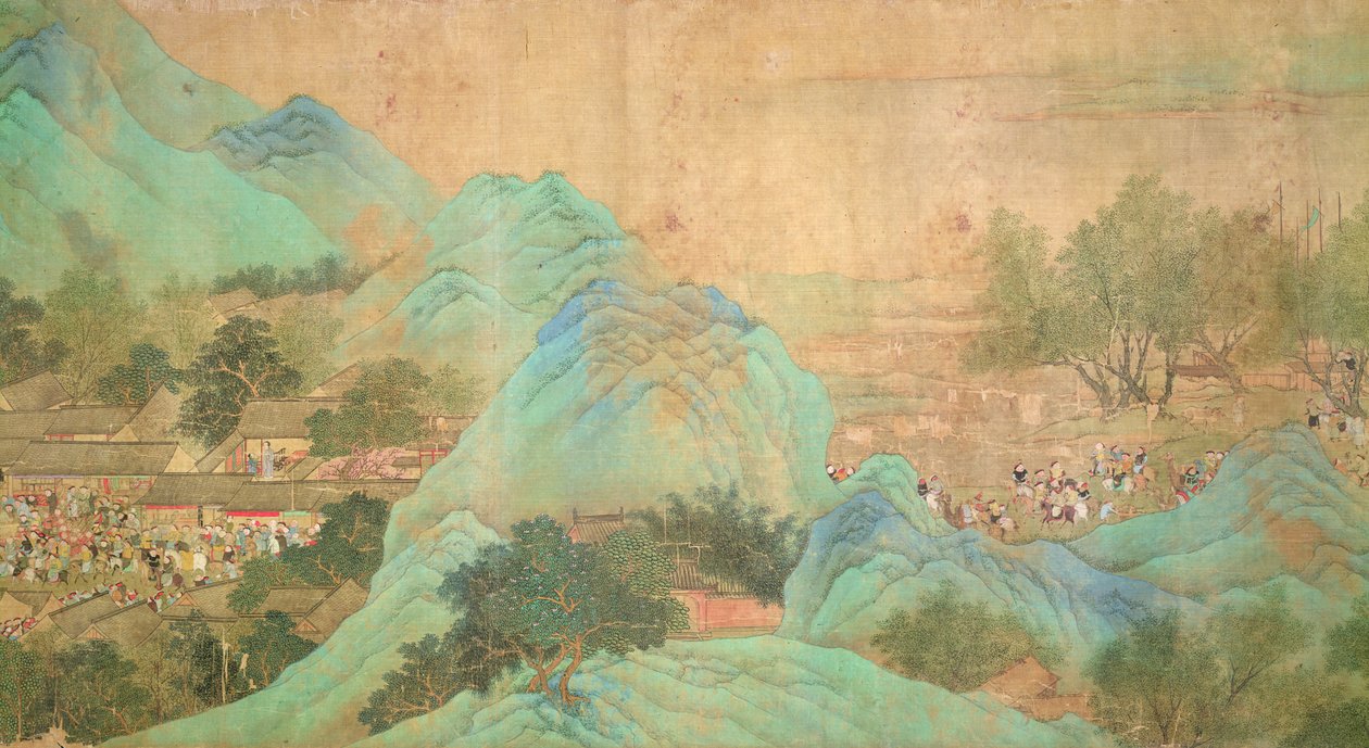 Keisari Kang Shin kiertue Kiang-Hanissa vuonna 1699 Chaio Ping Chenin (1661-1722) jälkeen (muste ja väri silkkitaustaiselle paperille) tekijältä Qing Dynasty Chinese School