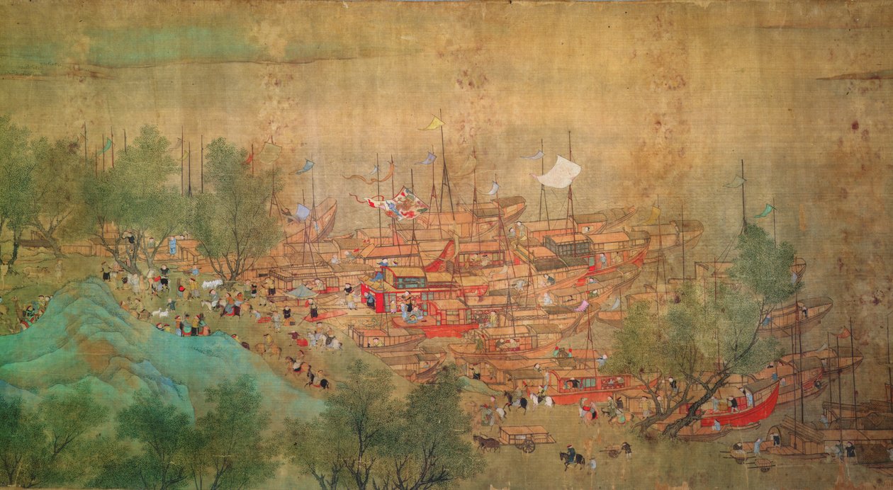 Keisari Kang Shin kiertue Kiang-Hanissa vuonna 1699 Chaio Ping Chenin (1661-1722) jälkeen (muste ja väri silkkitaustaiselle paperille) tekijältä Qing Dynasty Chinese School