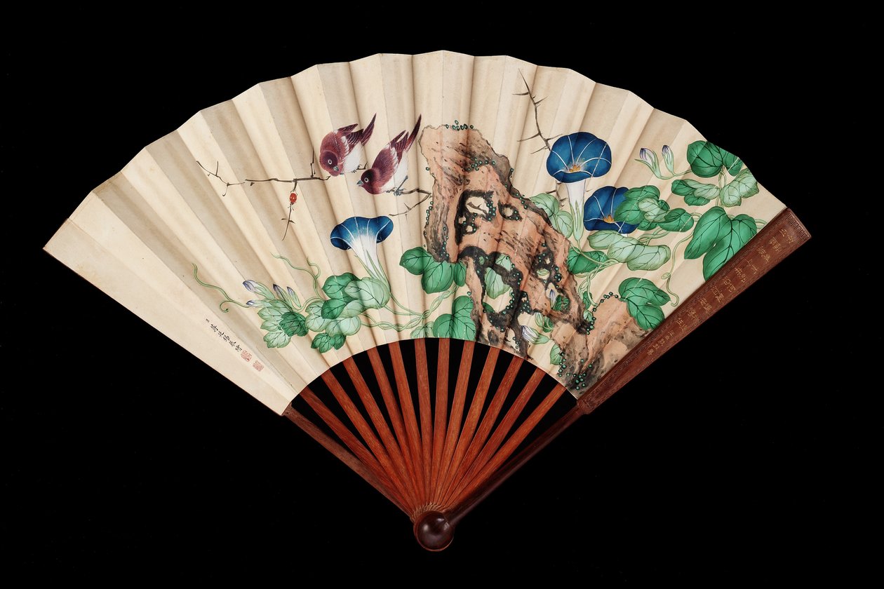 Pienillä linnuilla ja aamun loistoilla koristeltu tuuletin (muste ja väri paperille) tekijältä Qing Dynasty Chinese School