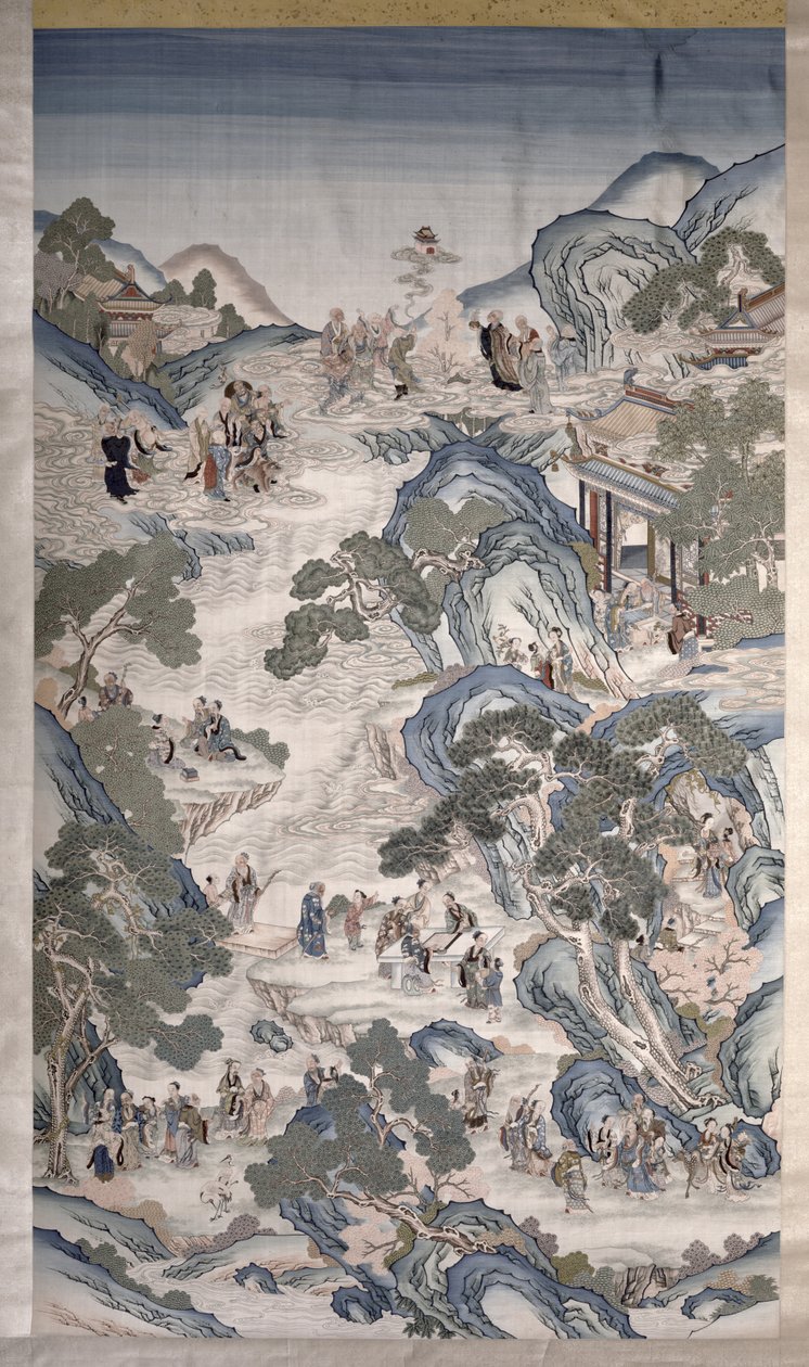 Kuolemattomien ryhmien kokoontumiset, n. 1800 (tekstiili) tekijältä Qing Dynasty Chinese School