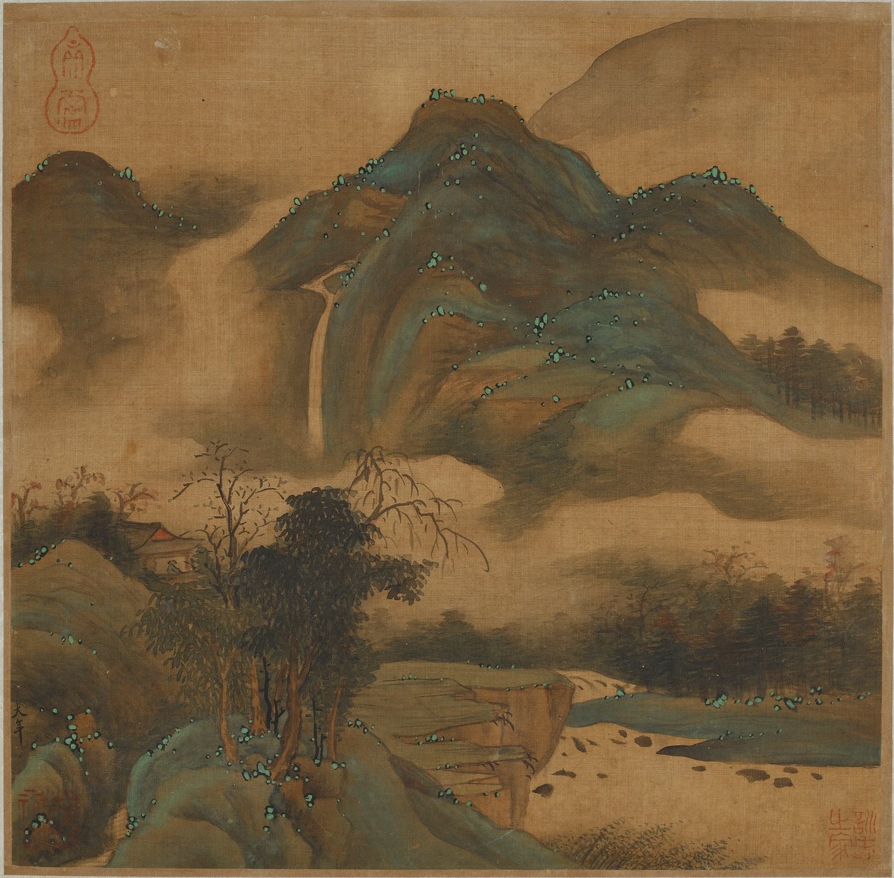 Vesiputouksen katselu vuoristomökistä tekijältä Qing Dynasty Chinese School