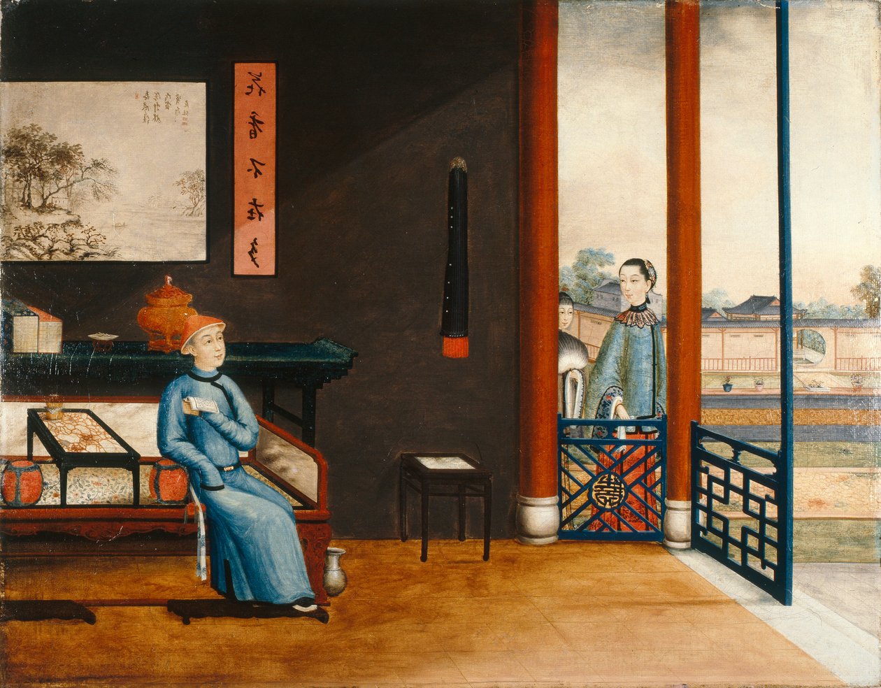Herrasmies lukemassa sängyllä, noin 1800 (öljy kankaalle). tekijältä Qing Dynasty Chinese School