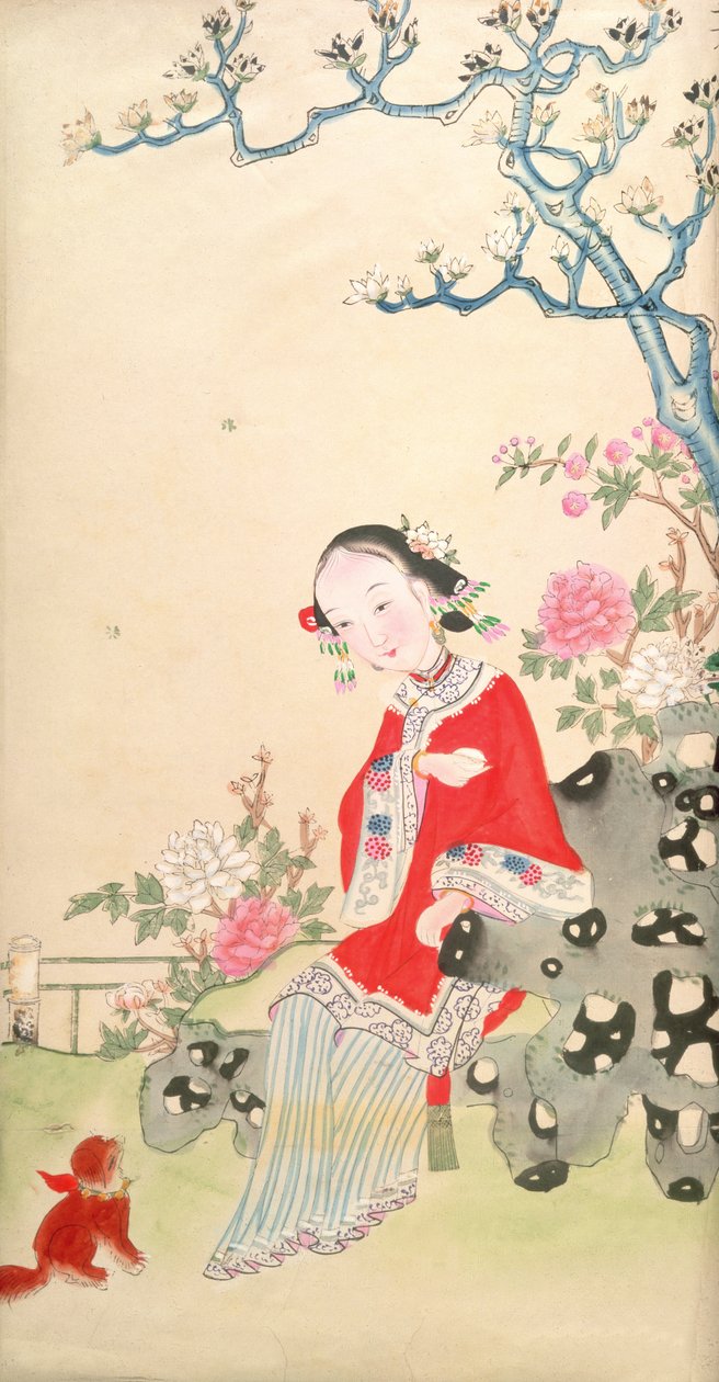 Tyttö istuu maalaismainen rock-tuoli tekijältä Qing Dynasty Chinese School