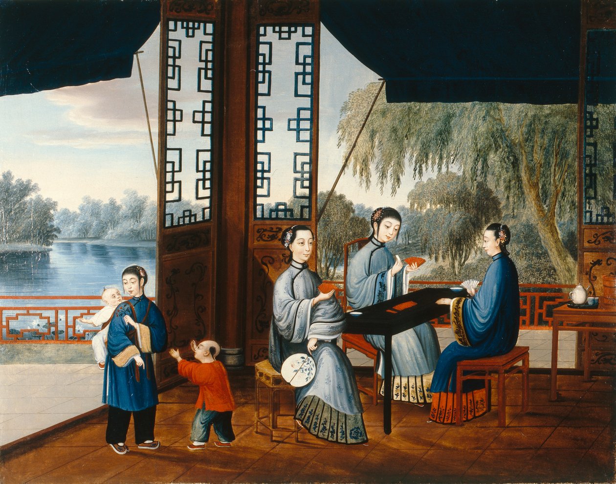 Naiset pelaamassa korttia, noin 1800 (öljy kankaalle). tekijältä Qing Dynasty Chinese School