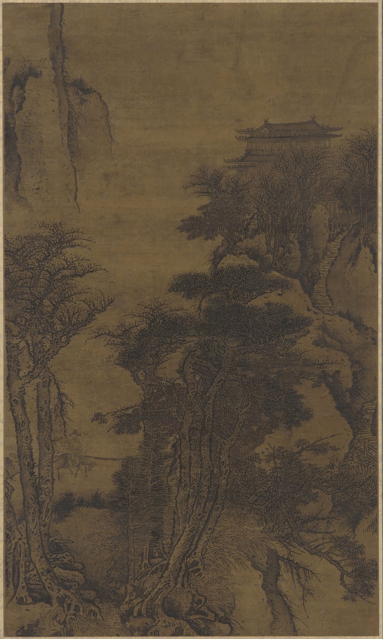 Maisema temppelin ja matkustajien kanssa tekijältä Qing Dynasty Chinese School