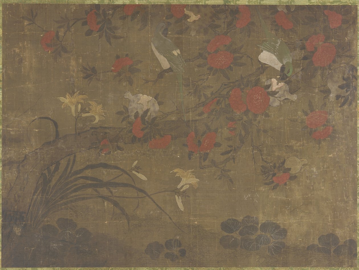 Papukaijat syövät granaattiomenia, 1600-1700 tekijältä Qing Dynasty Chinese School
