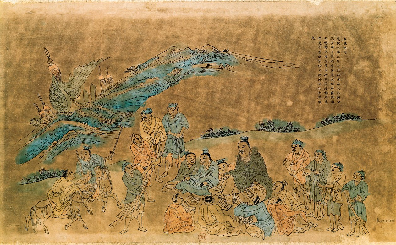 Kiinalainen filosofi Konfutse (Kong Fu Zi) (551-479 eKr.) ympäröi opetuslapsiaan (akvarelli) tekijältä Qing Dynasty Chinese School