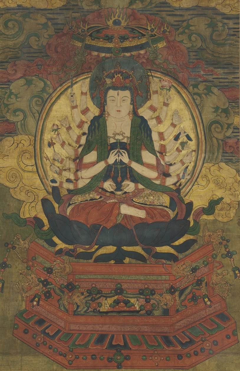 Tuhatkätinen Guanyin (muste, väri ja kulta silkillä) tekijältä Qing Dynasty Chinese School