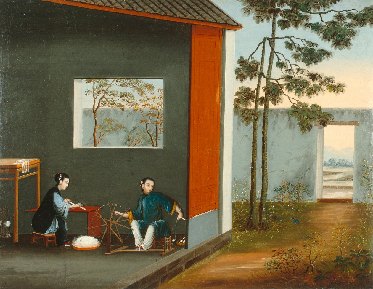 Kaksi naista kehräämässä, noin 1800 (öljy kankaalle) tekijältä Qing Dynasty Chinese School