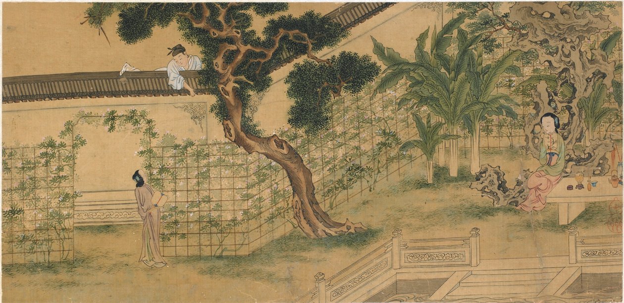 Kohtaus näytelmästä Romance of the West Chamber, Wang Shifu, 1500-luku. tekijältä Qiu Ying