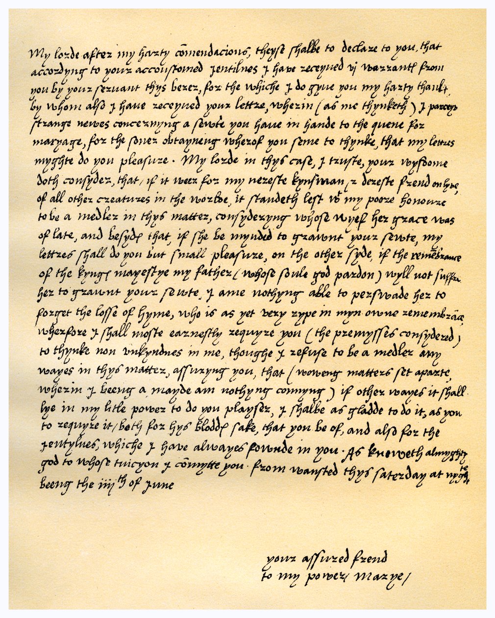 Kuningatar Mary I:n kirje Sudeleyn lordi Seymourille, 4. kesäkuuta 1547. tekijältä Queen Mary I