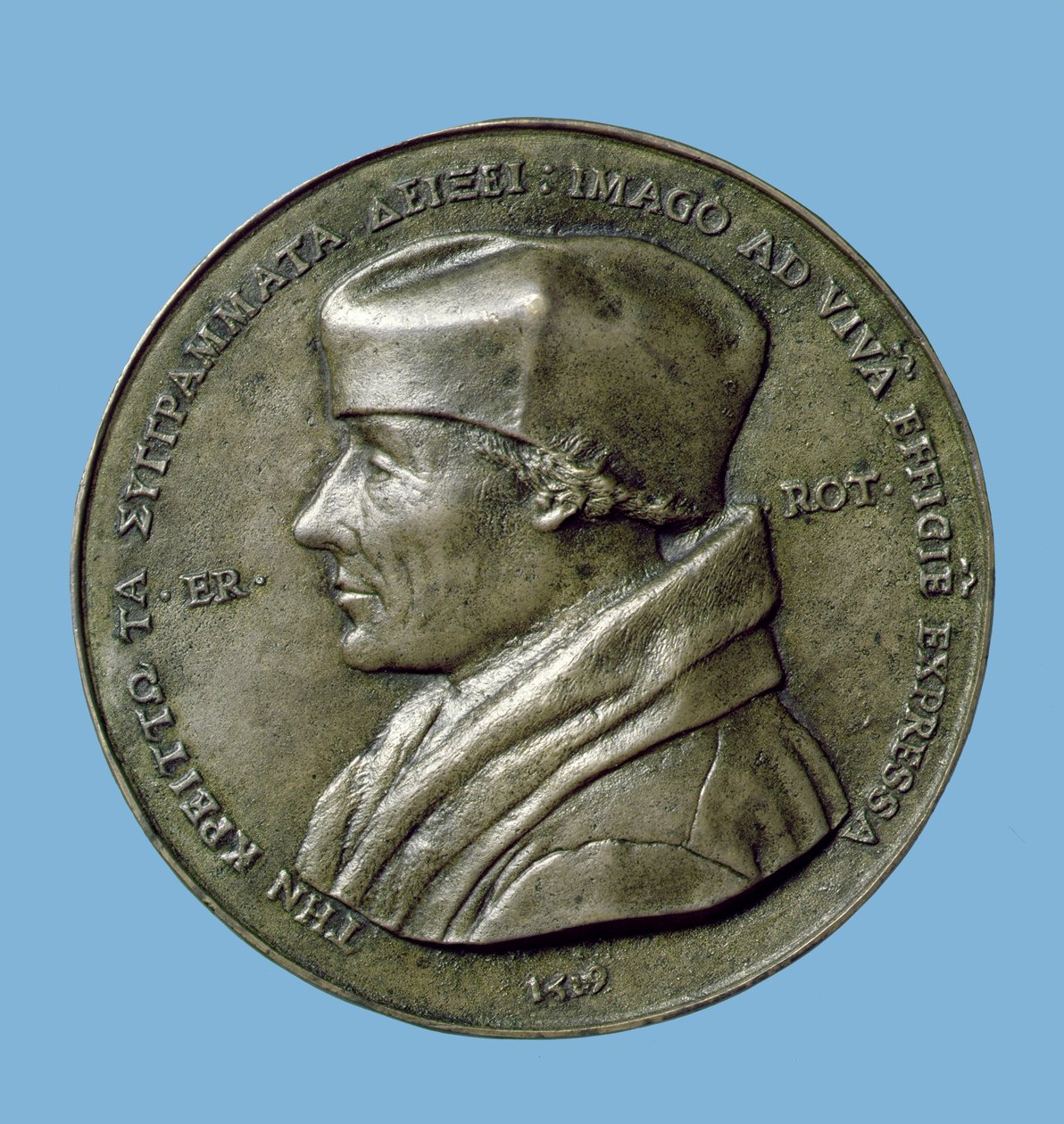 Erasmuksen (14656-1530) muotokuvamedaljonki 1519 (pronssi) (kääntöpuoli) tekijältä Quentin Massys or Metsys