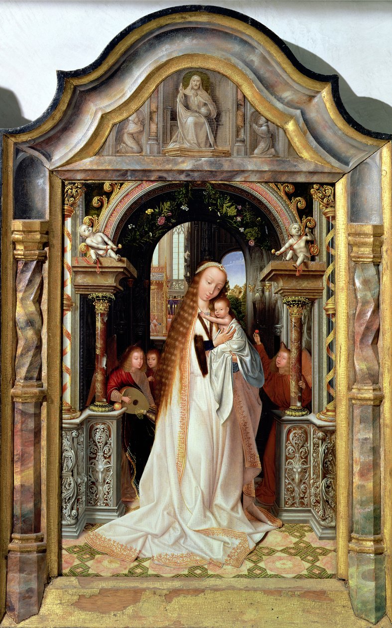 Neitsyt ja lapsi kolmen enkelin kanssa, triptyykin keskipaneeli, n. 1509 tekijältä Quentin Massys or Metsys