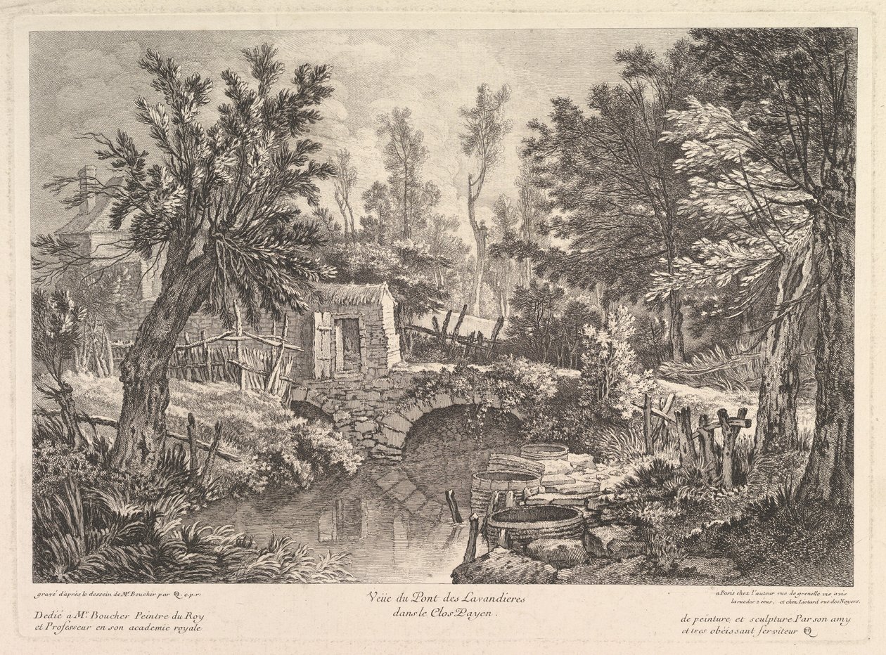 Näkymä Lavandieresin sillalle talonpoikatalossa, 1700-luvun puoliväli. tekijältä Quentin Pierre Chedel