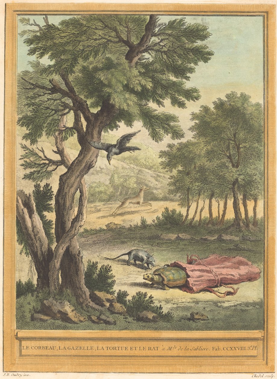 Varis, Gaselli, Kilpikonna ja Rotta (Varis, Gaselli, Kilpikonna ja tekijältä Quentin Pierre Chedel after Jean Baptiste Oudry