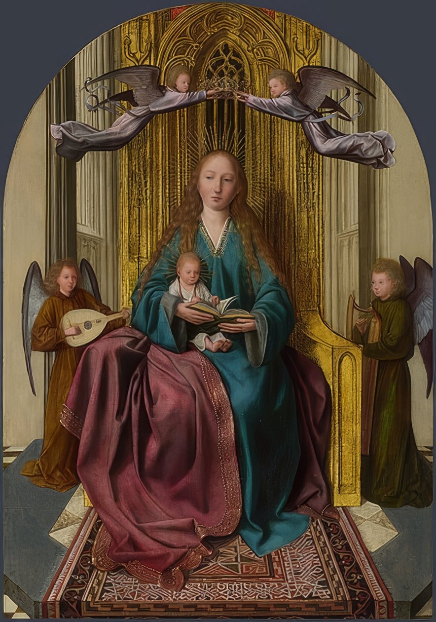 Madonna nousi valtaistuimelle lapsen ja neljän enkelin kanssa. Noin 1506-09 tekijältä Quinten Massys