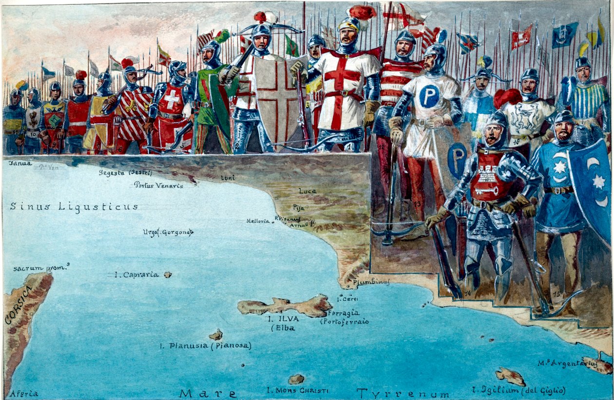 Kartta Melorian taistelun taistelukentästä vuonna 1284, ja siihen osallistuvien Genovan joukkojen univormut ja sotilaspuvut. tekijältä Quinto Cenni