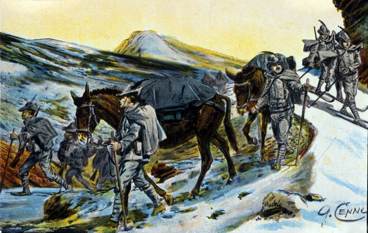 Ensimmäinen maailmansota: ryhmä italialaisia alppimetsästäjiä tunnustuksena muuleineen vuonna 1915. Kuvitus: Quinto Cenni (1845-1917) tekijältä Quinto Cenni
