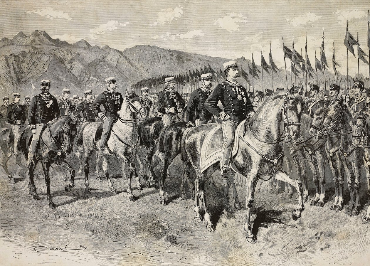 Kuningas Umberto I tarkastamassa Firenzen lansseja, kenraali Martin di Montu takana, 28. syyskuuta ratsuväen harjoitukset Pordenonessa, Italiassa, kaiverrus Quinto Cennin piirroksesta, L