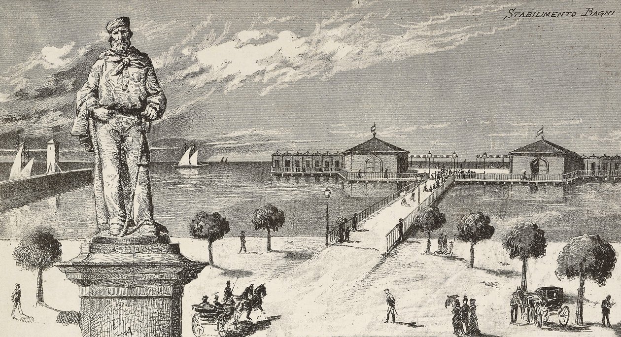 Muistomerkki Giuseppe Garibaldin (1807-1882), italialaisen poliitikon ja patriootin muistoksi, ja taustalla kylpylä, Cesenatico, Italia tekijältä Quinto Cenni