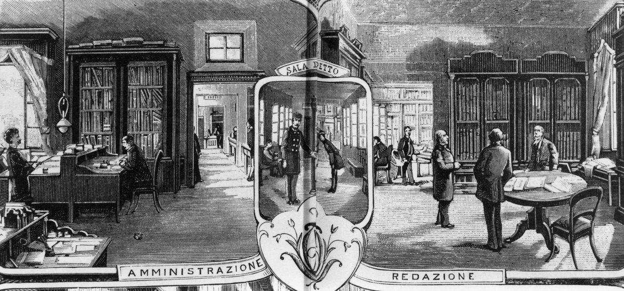 Trevesin veljien toimistot, editointi- ja hallintohenkilöstö, Milano, Italia, kuvitus Quinto Cenni (1845-1917) L