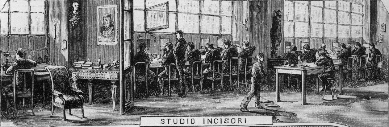 Trevesin veljien toimistot, kaivertajien osasto, Milano, Italia, kuvitus Quinto Cenni (1845-1917) L