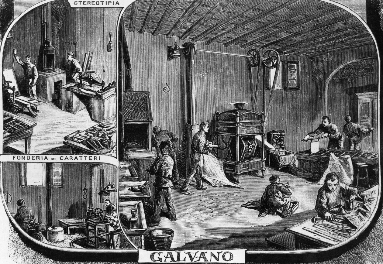 Trevesin veljesten toimistot, fontin valu- ja stereotypiapainoosasto, Milano, Italia, kuvitus Quinto Cenni (1845-1917) L