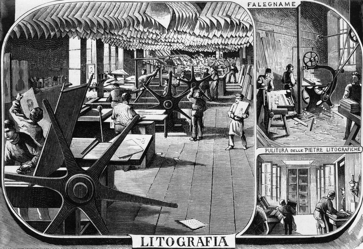 Trevesin veljien toimistot, litografiaosasto, Milano, Italia, kuvitus Quinto Cenni (1845-1917) L