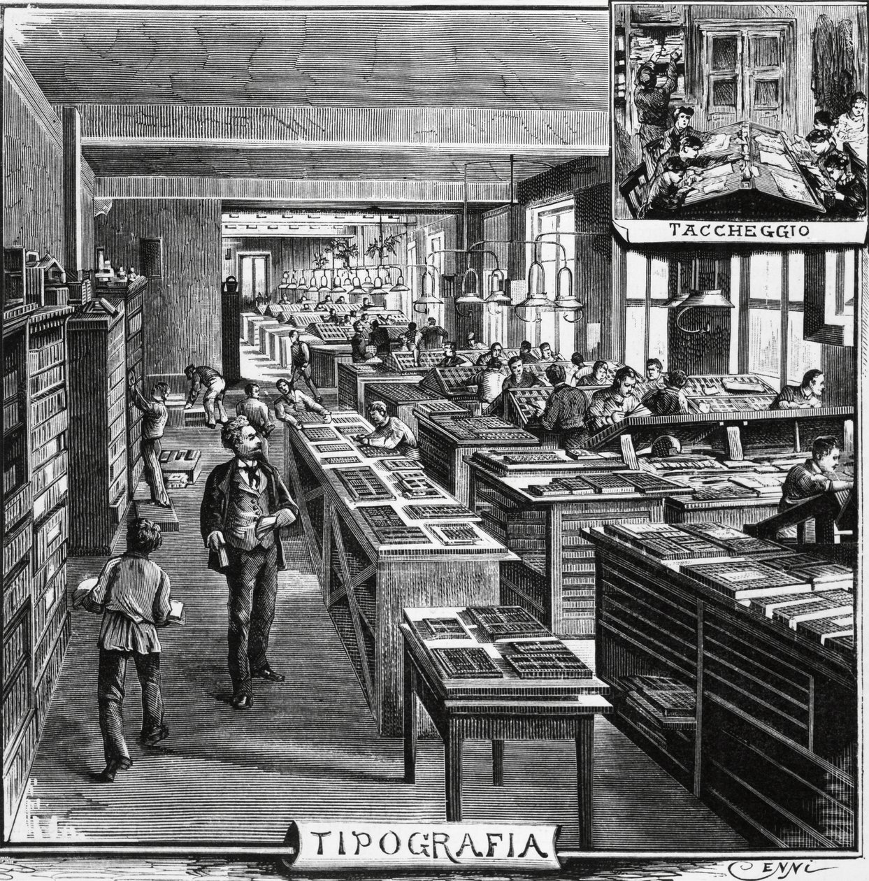 Trevesin veljien toimistot, typografia ja peittokuva, Milano, Italia, kuvitus Quinto Cenni (1845-1917) L