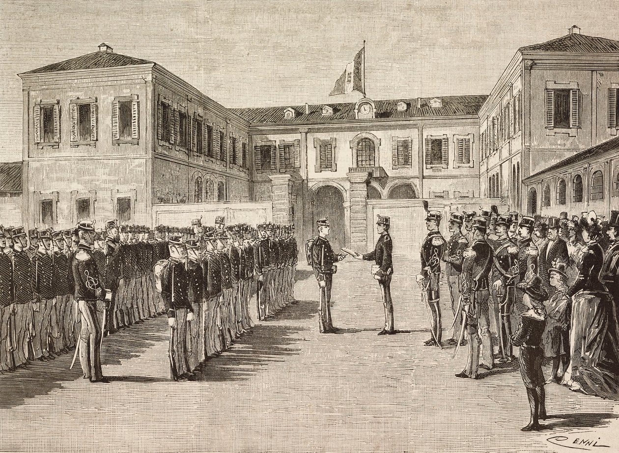 Prinssi Vittorio Emanuele (1870-1946), Torinon kreivi, jakaa tutkinnot Milanon sotaakatemian kadeteille 14. maaliskuuta tekijältä Quinto Cenni