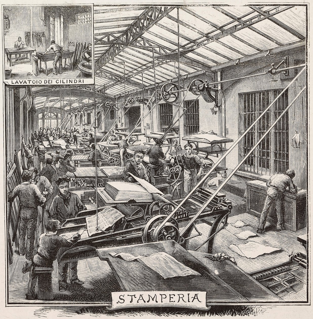Kirjapaino Fratelli Treves -kustantamo, Milano, Italia, kaiverrus Quinto Cennin piirroksesta, L