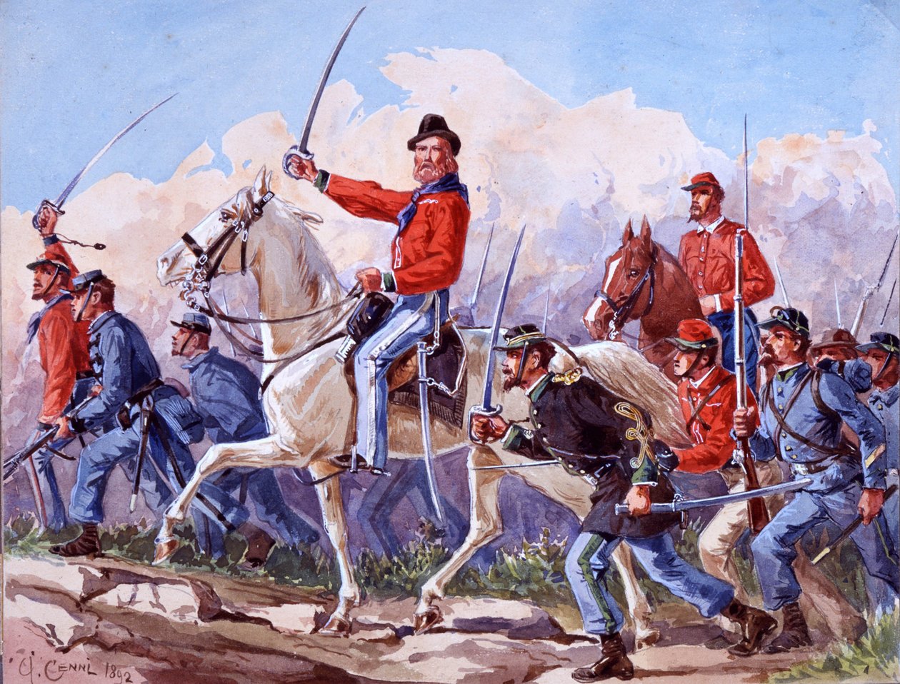 Risorgimento: Giuseppe Garibaldin (1807-1882) joukot marssivat Roomaan. Akvarelli Quinto Cenni 1892 tekijältä Quinto Cenni