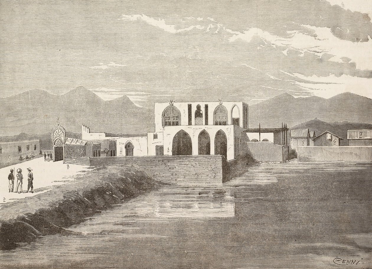 Italian varakuvernöörin palatsi, Massawa, Eritrea, kaiverrus Quinto Cennin piirustuksesta ja Pieragostinin luonnos, L