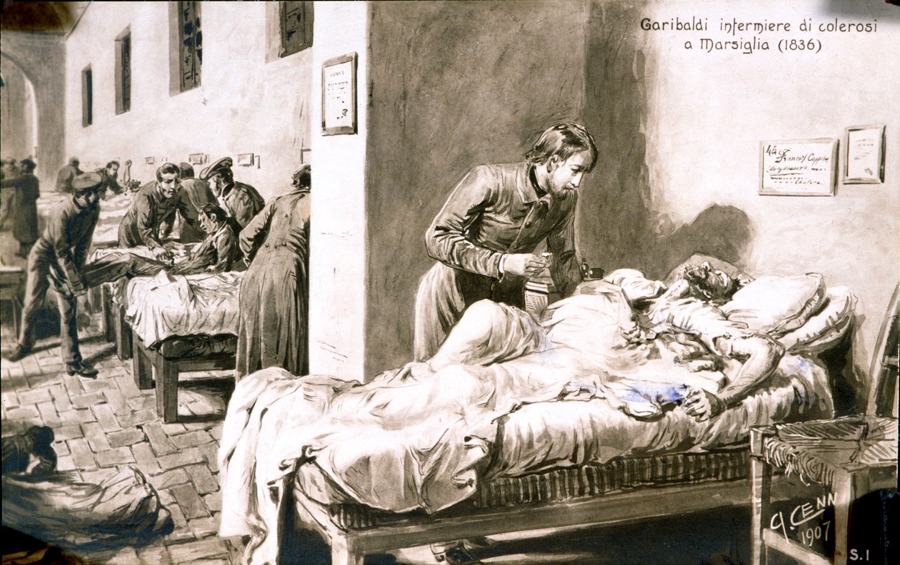 Italialainen patriootti Giuseppe Garibaldi (1807-1882) hoiti kolerapotilaita Marseillessa nimellä Pan-Borel (Pane Borel) vuonna 1836. Postikortti 1800-luvulta Yksityinen kokoelma tekijältä Quinto Cenni