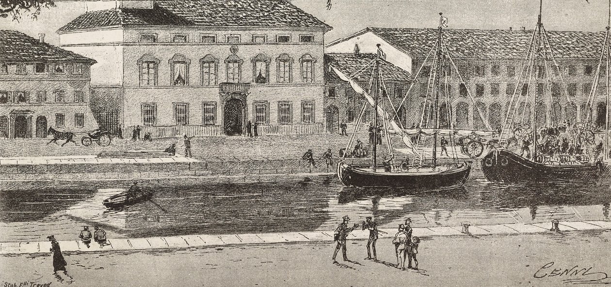 Kaupungintalo ja satamakanava, Cesenatico, Italia, kaiverrus Quinto Cennin piirroksesta ja Ulisse Topin luonnos, L