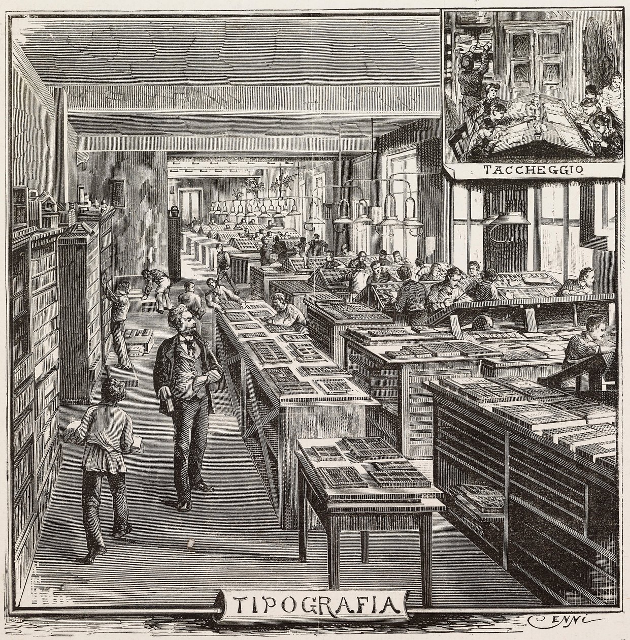 Typografia Fratelli Treves -kustantamossa, Milanossa, Italiassa, kaiverrus Quinto Cennin piirroksesta, L