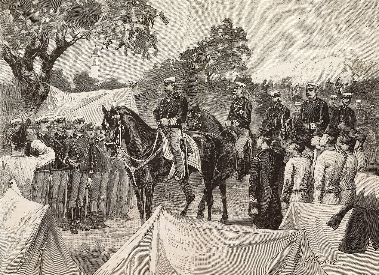 Umberto I (1844-1900), Italian kuningas, joidenkin upseerien kanssa, vierailemassa sotilasleireillä, 11. syyskuuta tekijältä Quinto Cenni